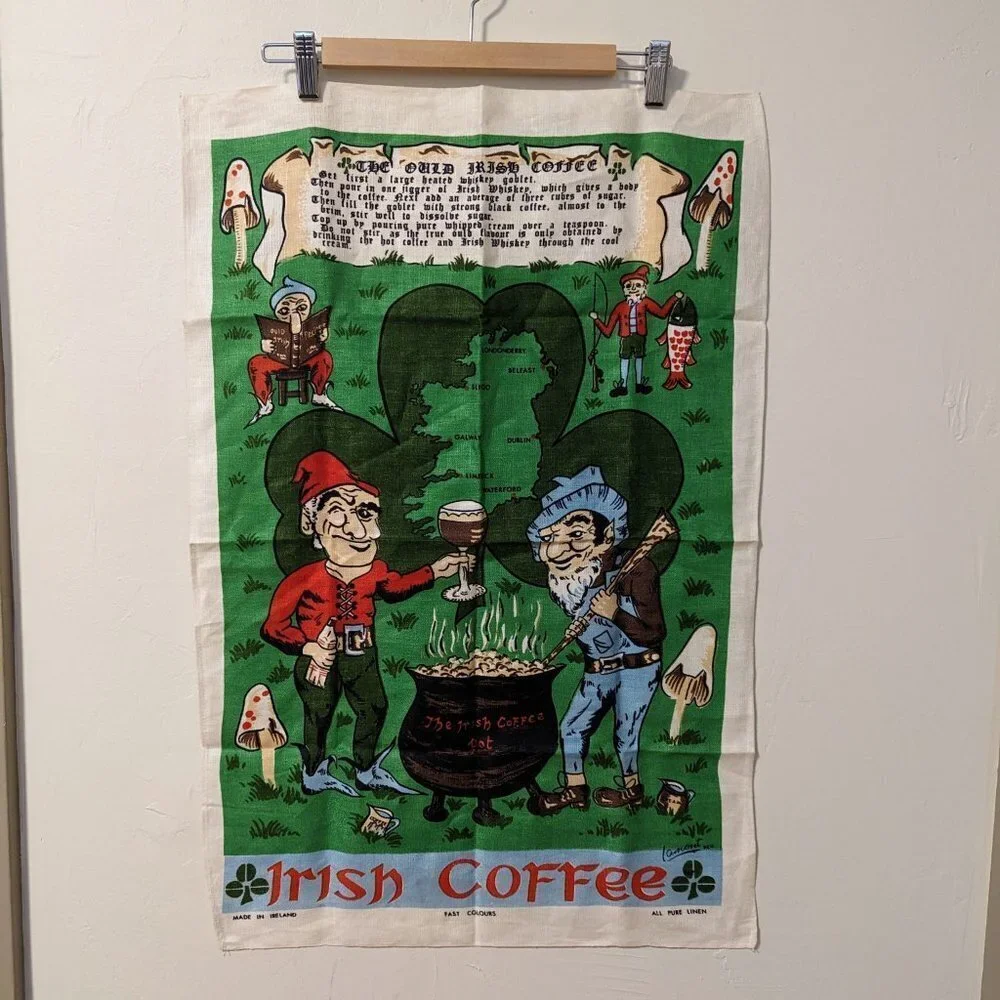Vintage Linen Irish Coffee Tea Towel Wall Hanging Woven‎ Recipe Caldron